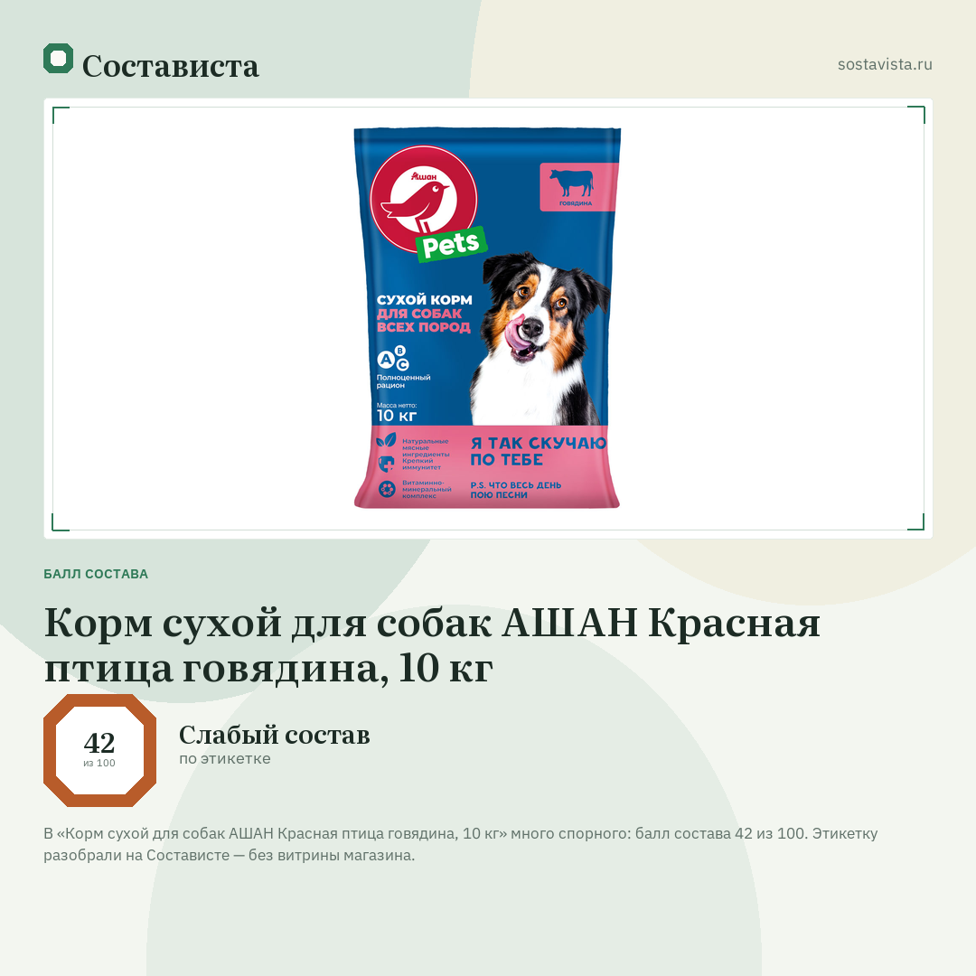 Корм сухой для собак АШАН Красная птица говядина, 10 кг: балл состава 42 из 100 — Состависта