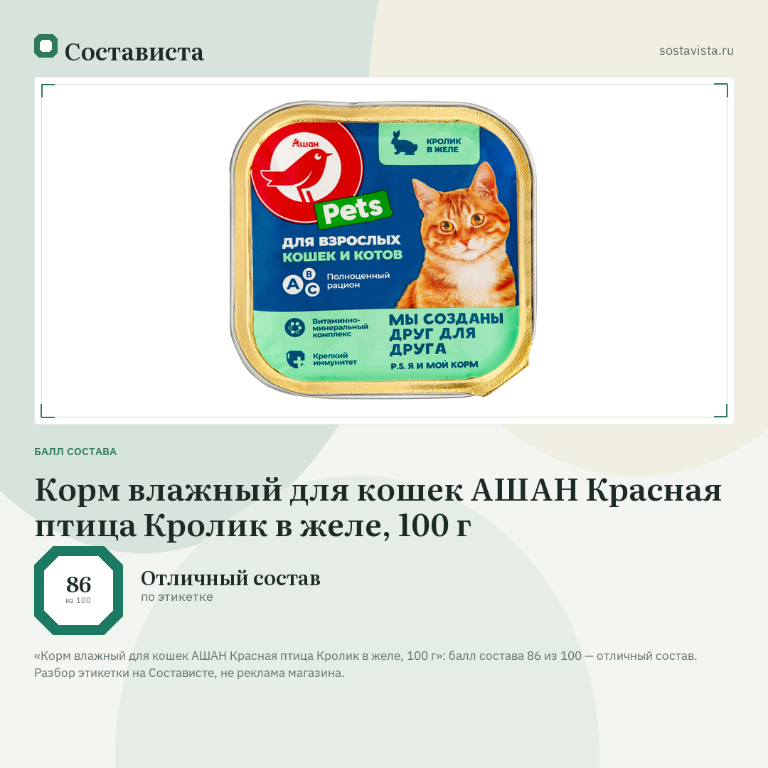 Корм влажный для кошек АШАН Красная птица Кролик в желе, 100 г: балл состава 86 из 100 — Состависта