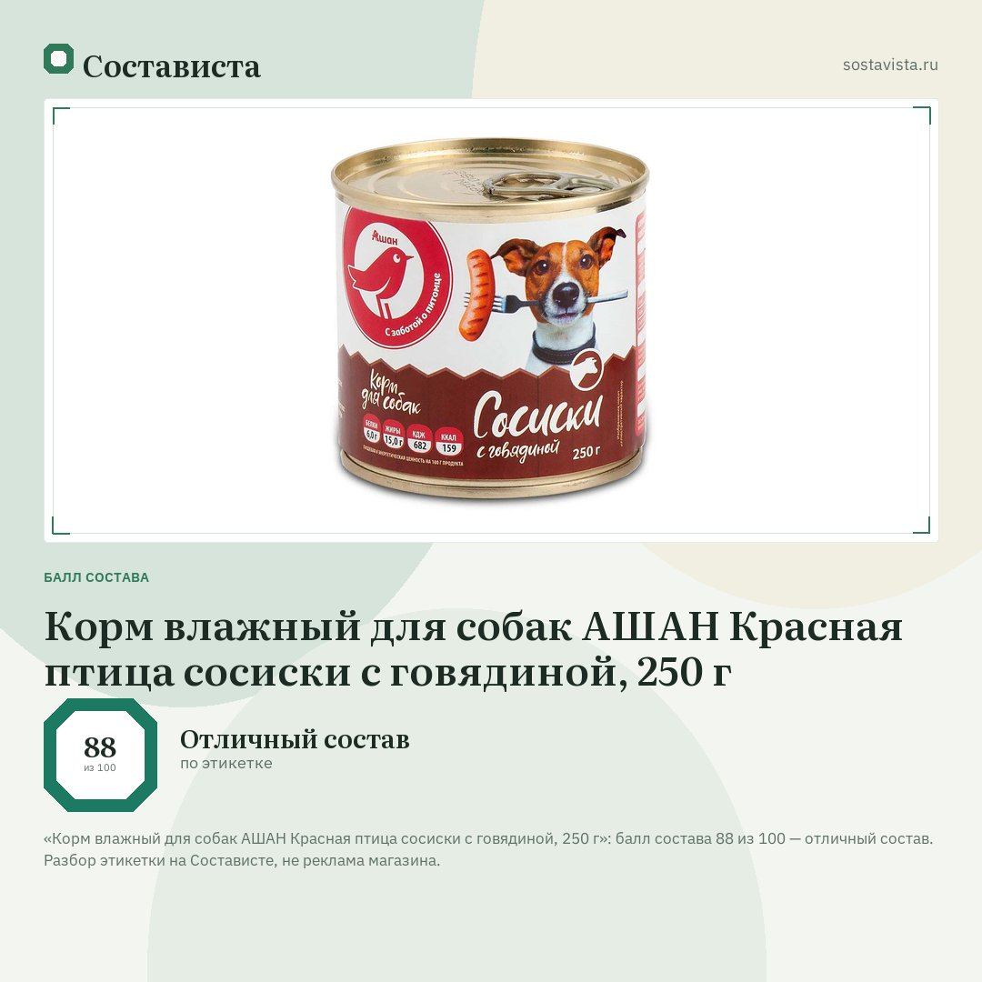 Корм влажный для собак АШАН Красная птица сосиски с говядиной, 250 г: балл состава 88 из 100 — Состависта
