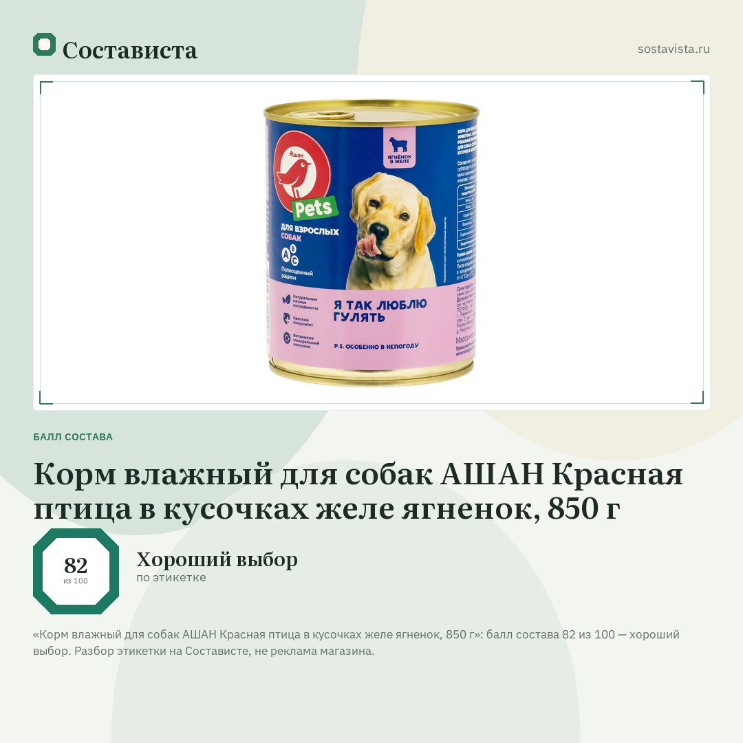 Корм влажный для собак АШАН Красная птица в кусочках желе ягненок, 850 г: балл состава 82 из 100 — Состависта