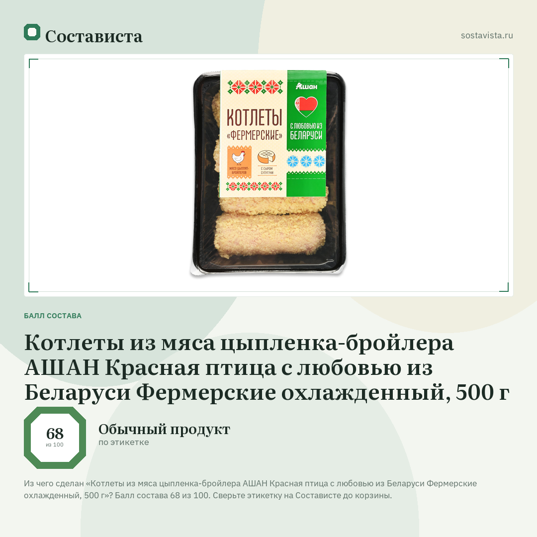 Котлеты из мяса цыпленка-бройлера АШАН Красная птица с любовью из Беларуси Фермерские охлажденный, 500 г: балл состава 68 из 100 — Состависта