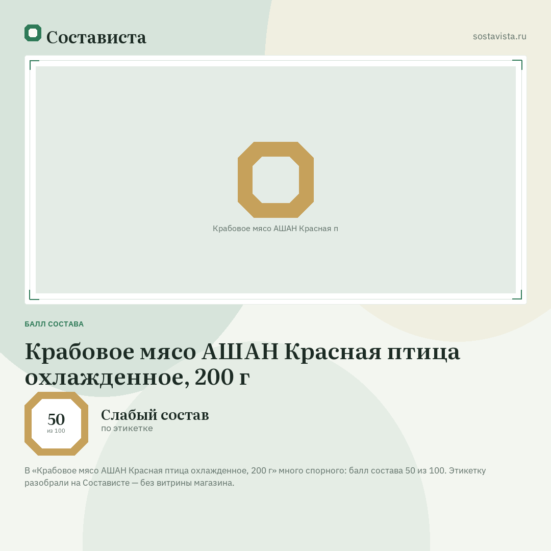 Крабовое мясо АШАН Красная птица охлажденное, 200 г: балл состава 50 из 100 — Состависта