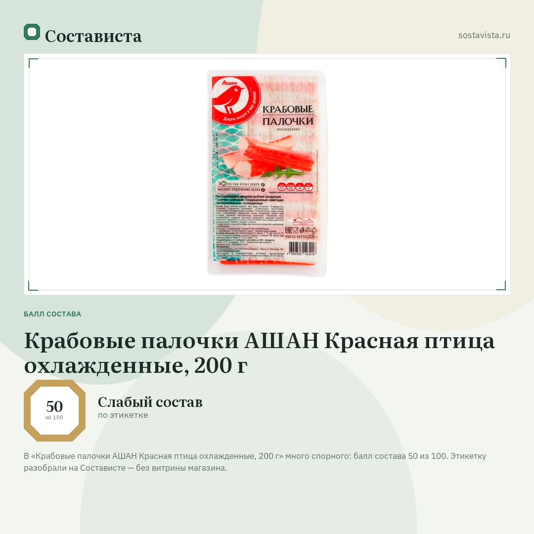 Крабовые палочки АШАН Красная птица охлажденные, 200 г: балл состава 50 из 100 — Состависта