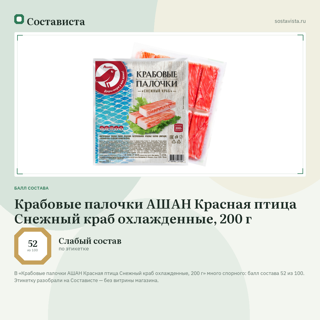 Крабовые палочки АШАН Красная птица Снежный краб охлажденные, 200 г: балл состава 52 из 100 — Состависта