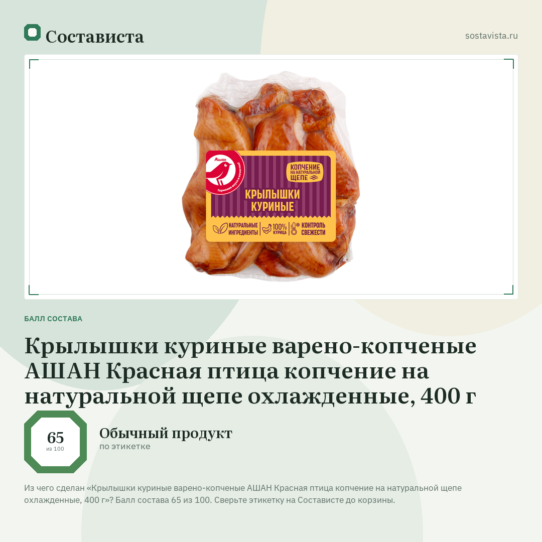 Крылышки куриные варено-копченые АШАН Красная птица копчение на натуральной щепе охлажденные, 400 г: балл состава 65 из 100 — Состависта