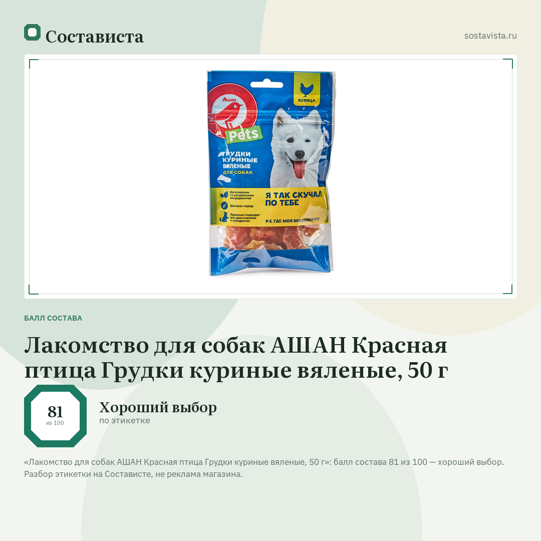 Лакомство для собак АШАН Красная птица Грудки куриные вяленые, 50 г: балл состава 81 из 100 — Состависта