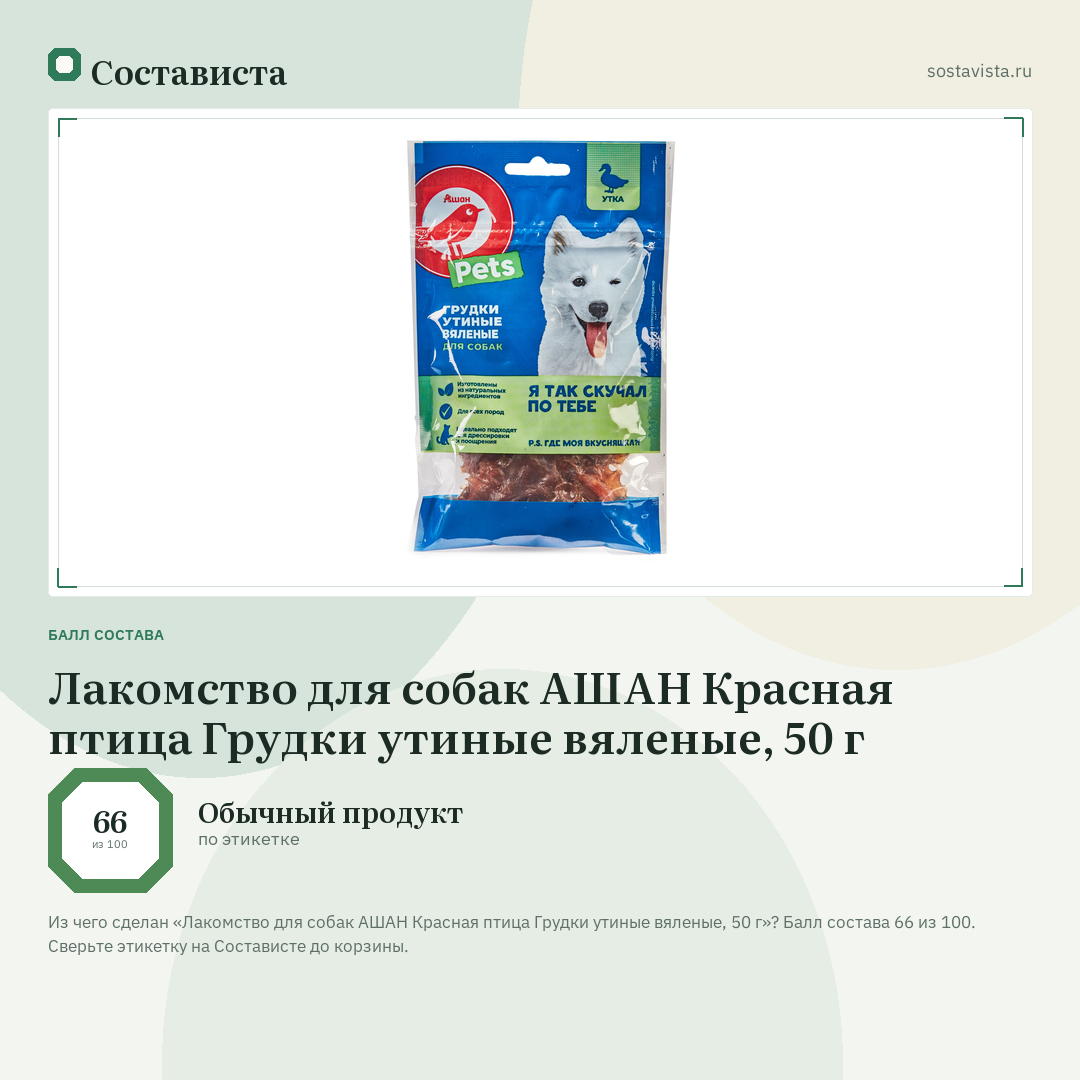 Лакомство для собак АШАН Красная птица Грудки утиные вяленые, 50 г: балл состава 66 из 100 — Состависта