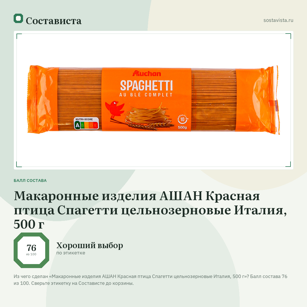 Макаронные изделия АШАН Красная птица Cпагетти цельнозерновые Италия, 500 г: балл состава 76 из 100 — Состависта
