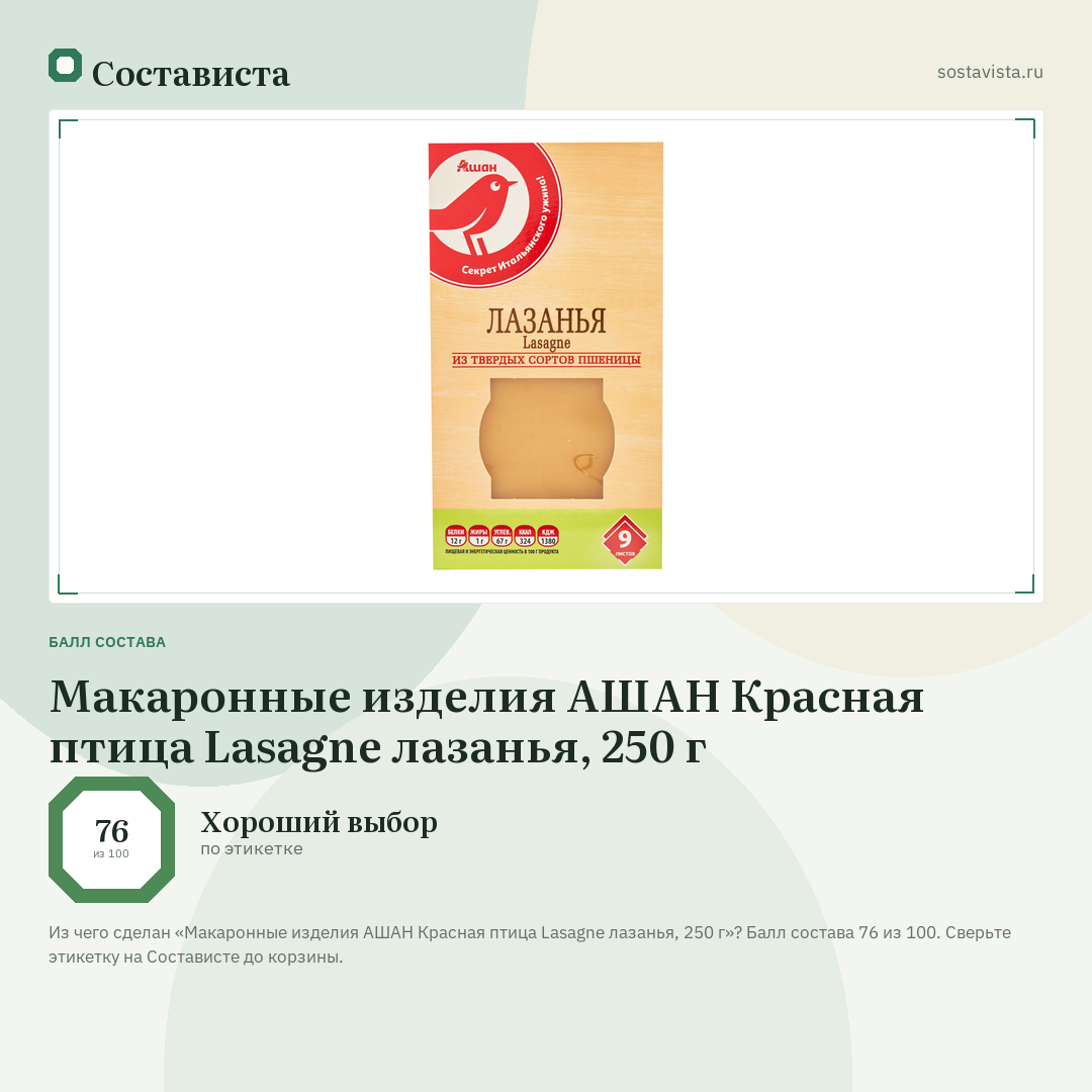 Макаронные изделия АШАН Красная птица Lasagne лазанья, 250 г: балл состава 76 из 100 — Состависта