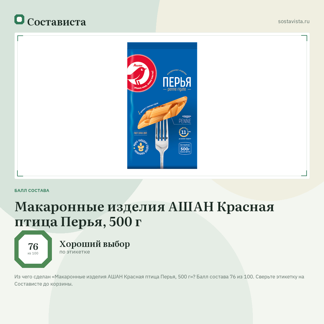 Макаронные изделия АШАН Красная птица Перья, 500 г: балл состава 76 из 100 — Состависта