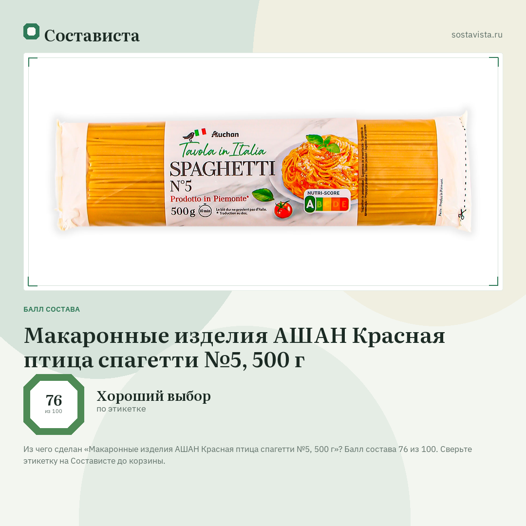 Макаронные изделия АШАН Красная птица спагетти №5, 500 г: балл состава 76 из 100 — Состависта