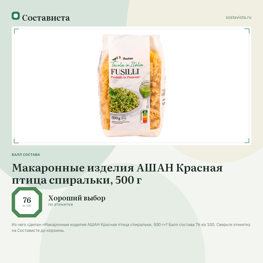 Макаронные изделия АШАН Красная птица спиральки, 500 г: балл состава 76 из 100 — Состависта