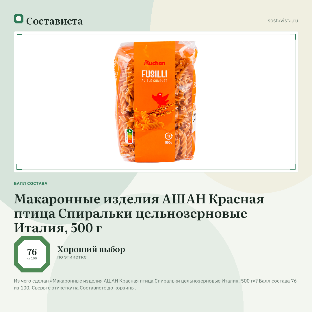 Макаронные изделия АШАН Красная птица Спиральки цельнозерновые Италия, 500 г: балл состава 76 из 100 — Состависта