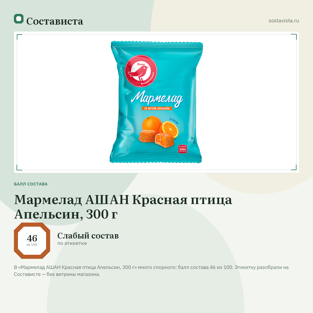 Мармелад АШАН Красная птица Апельсин, 300 г: балл состава 46 из 100 — Состависта