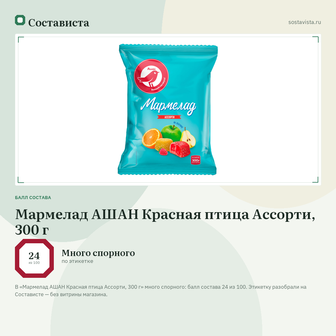 Мармелад АШАН Красная птица Ассорти, 300 г: балл состава 24 из 100 — Состависта