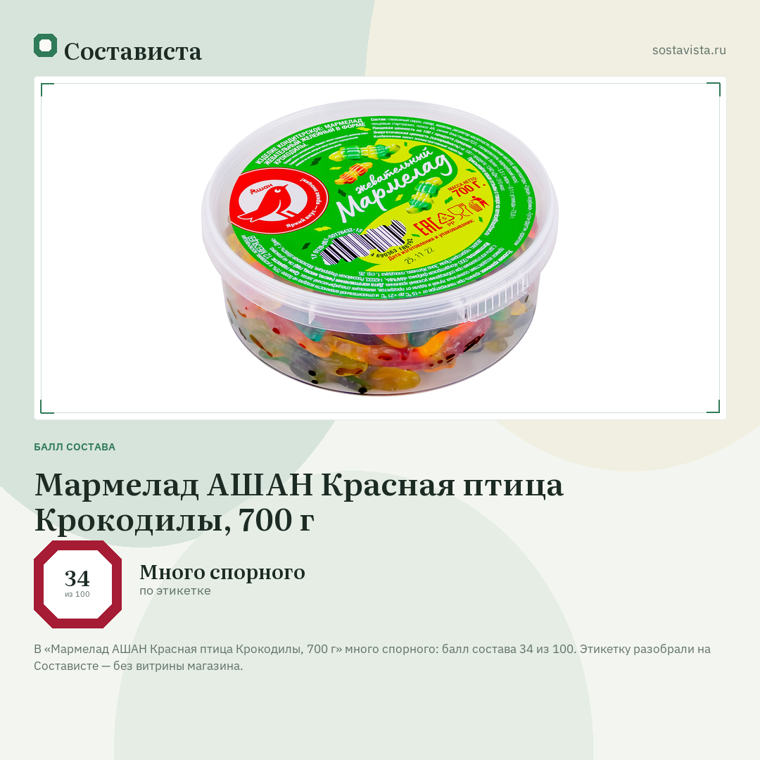 Мармелад АШАН Красная птица Крокодилы, 700 г: балл состава 34 из 100 — Состависта