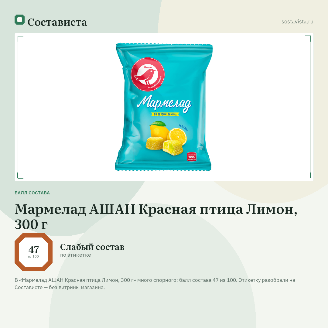 Мармелад АШАН Красная птица Лимон, 300 г: балл состава 47 из 100 — Состависта
