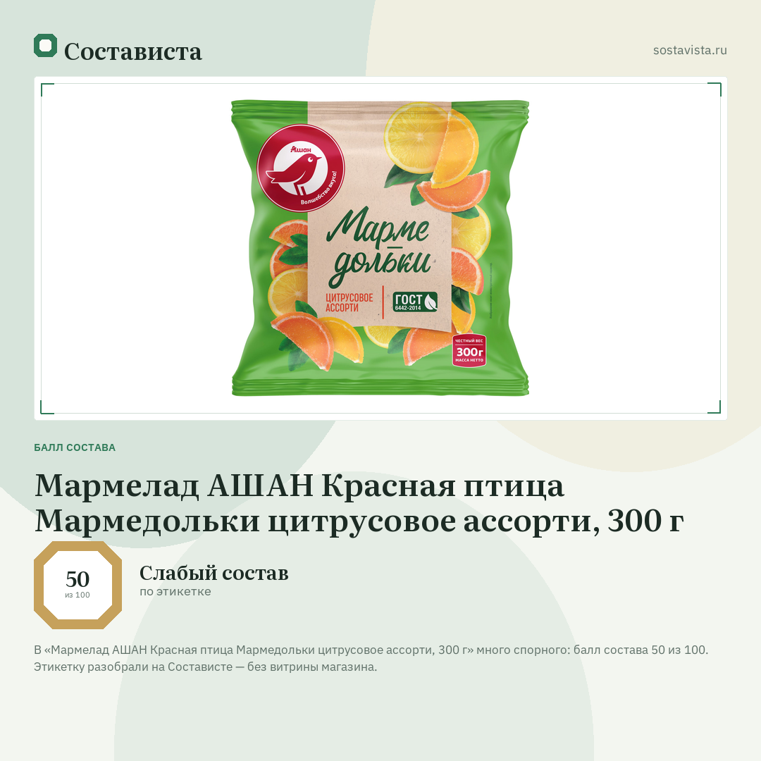 Мармелад АШАН Красная птица Мармедольки цитрусовое ассорти, 300 г: балл состава 50 из 100 — Состависта