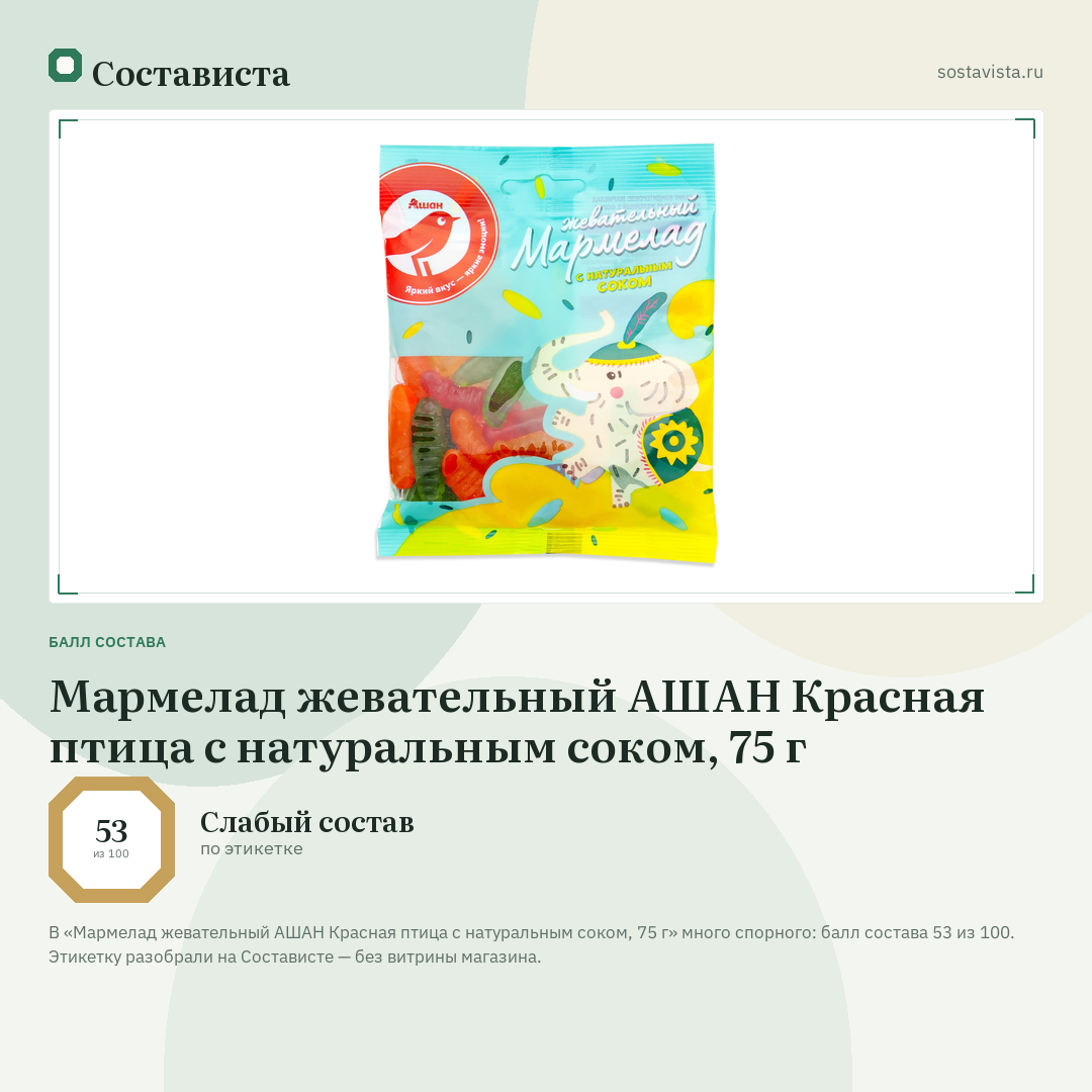 Мармелад жевательный АШАН Красная птица с натуральным соком, 75 г: балл состава 53 из 100 — Состависта
