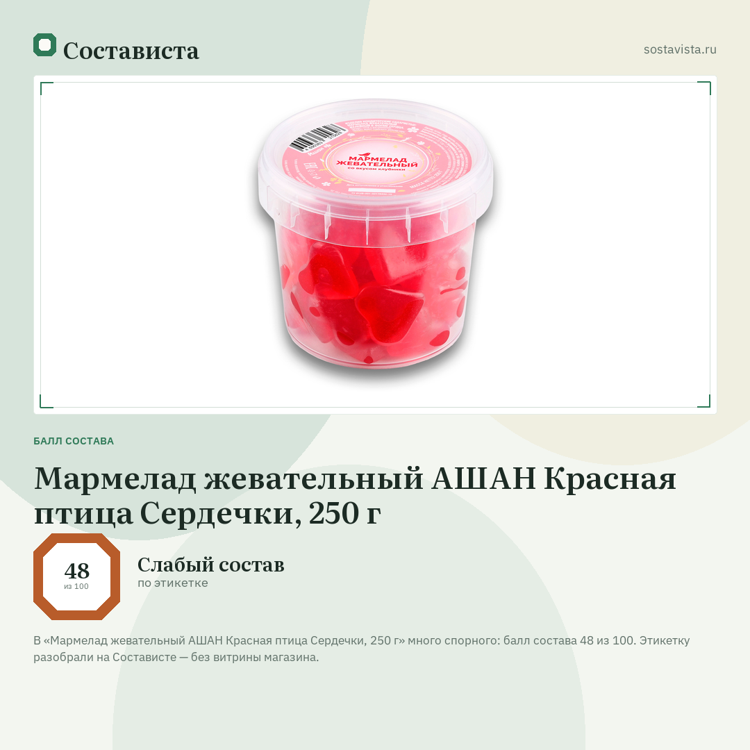 Мармелад жевательный АШАН Красная птица Сердечки, 250 г: балл состава 48 из 100 — Состависта