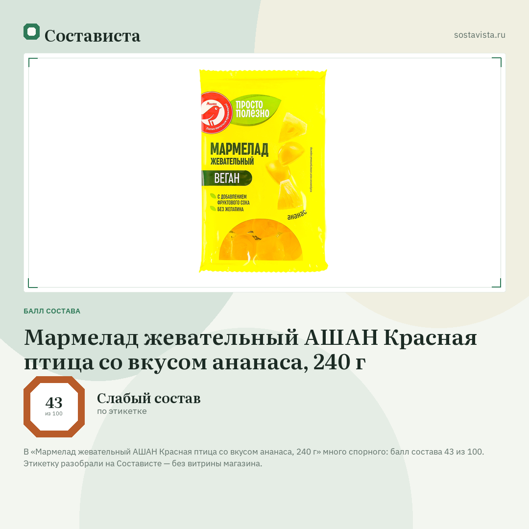 Мармелад жевательный АШАН Красная птица со вкусом ананаса, 240 г: балл состава 43 из 100 — Состависта