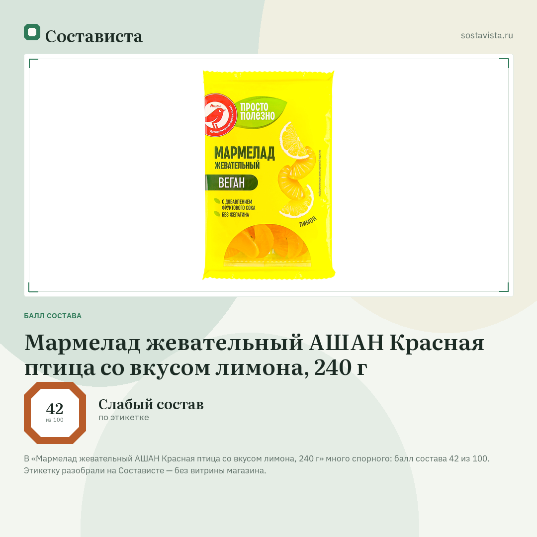 Мармелад жевательный АШАН Красная птица со вкусом лимона, 240 г: балл состава 42 из 100 — Состависта