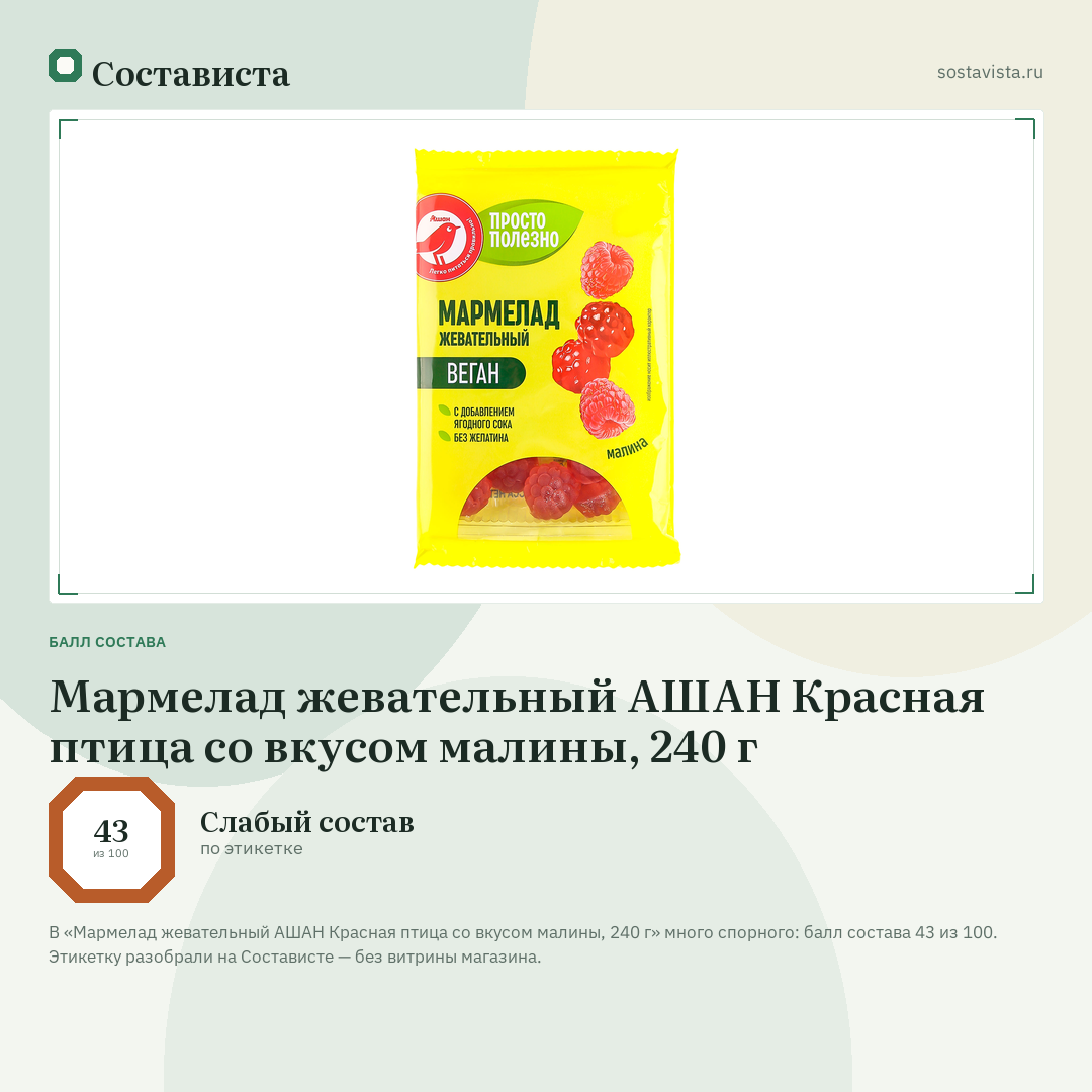 Мармелад жевательный АШАН Красная птица со вкусом малины, 240 г: балл состава 43 из 100 — Состависта