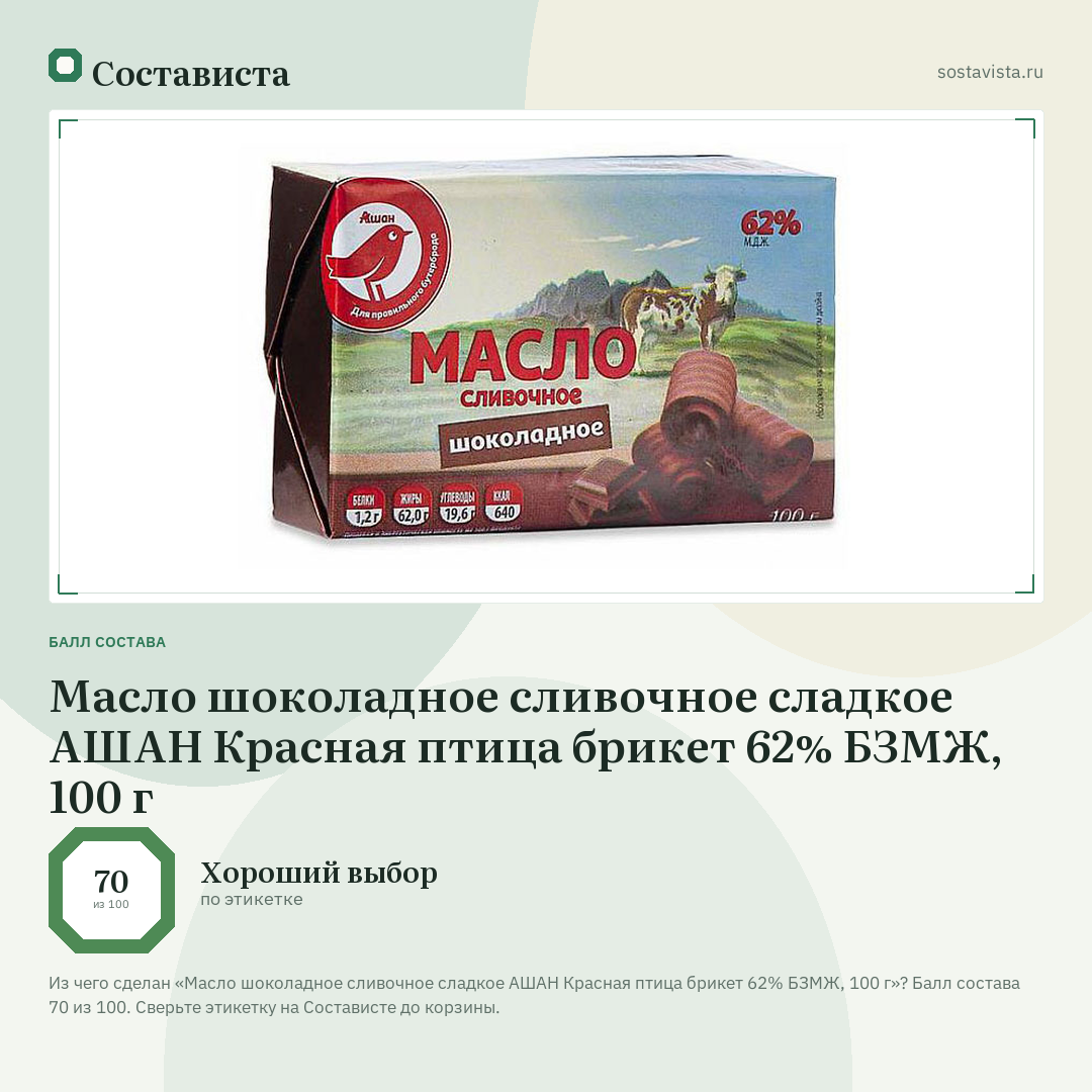 Масло шоколадное сливочное сладкое АШАН Красная птица брикет 62% БЗМЖ, 100 г: балл состава 70 из 100 — Состависта