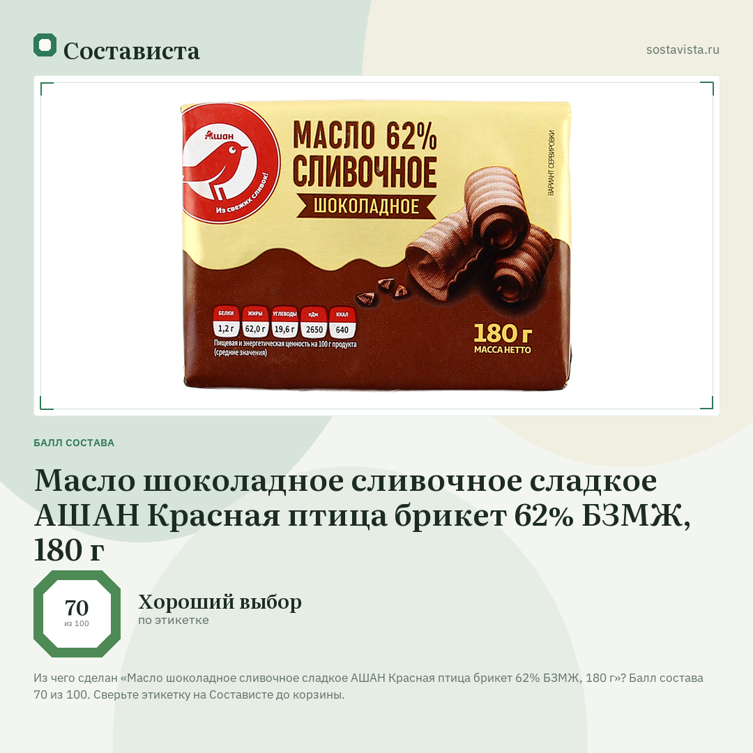 Масло шоколадное сливочное сладкое АШАН Красная птица брикет 62% БЗМЖ, 180 г: балл состава 70 из 100 — Состависта