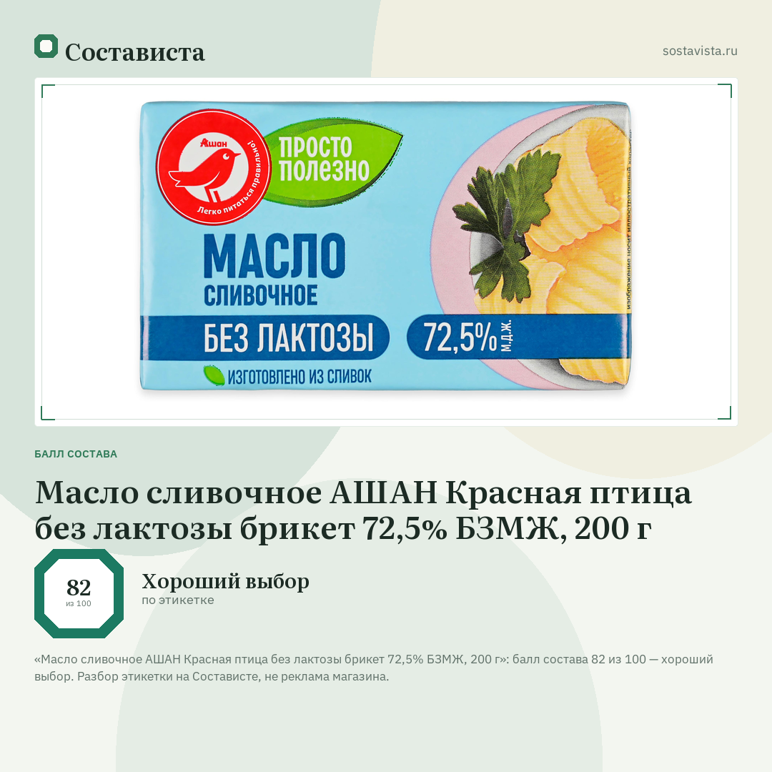 Масло сливочное АШАН Красная птица без лактозы брикет 72,5% БЗМЖ, 200 г: балл состава 82 из 100 — Состависта