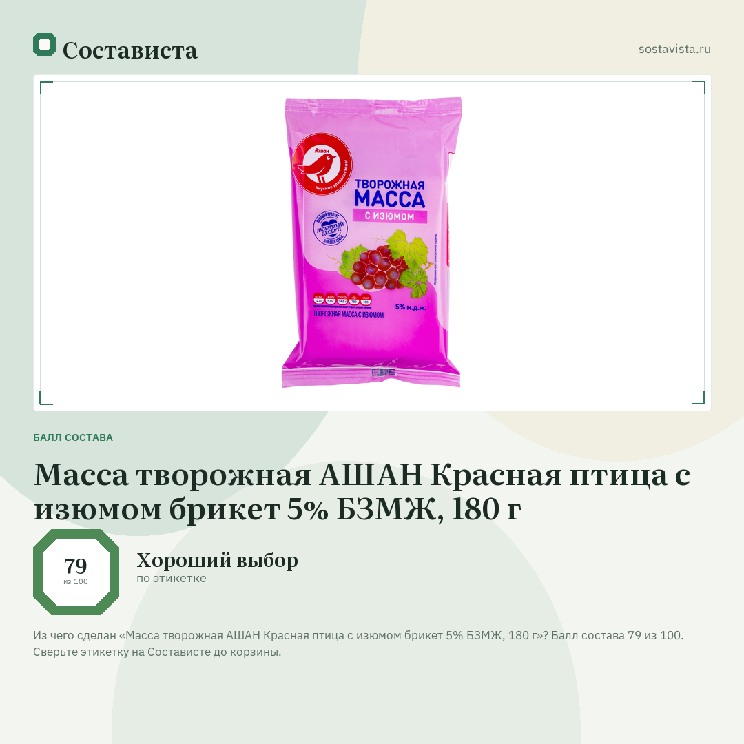 Масса творожная АШАН Красная птица с изюмом брикет 5% БЗМЖ, 180 г: балл состава 79 из 100 — Состависта