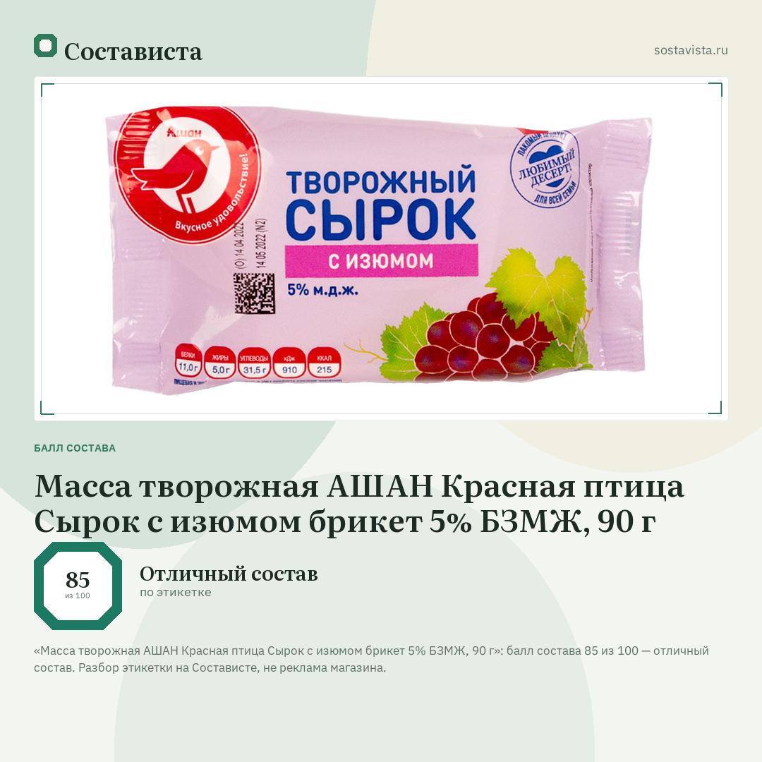 Масса творожная АШАН Красная птица Сырок с изюмом брикет 5% БЗМЖ, 90 г: балл состава 85 из 100 — Состависта