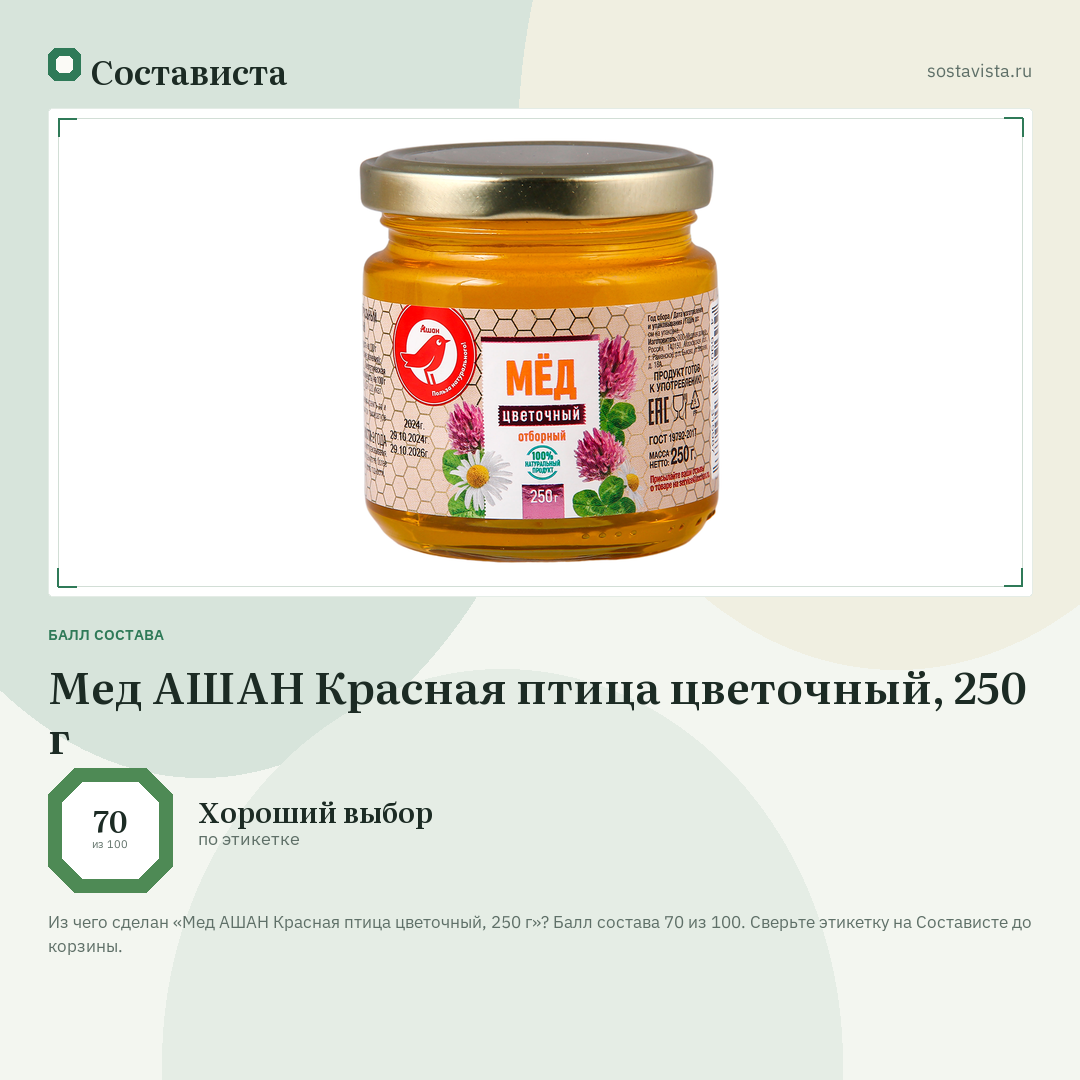 Мед АШАН Красная птица цветочный, 250 г: балл состава 70 из 100 — Состависта