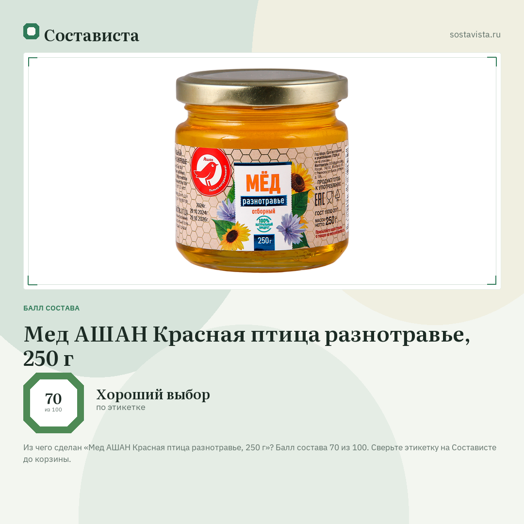 Мед АШАН Красная птица разнотравье, 250 г: балл состава 70 из 100 — Состависта