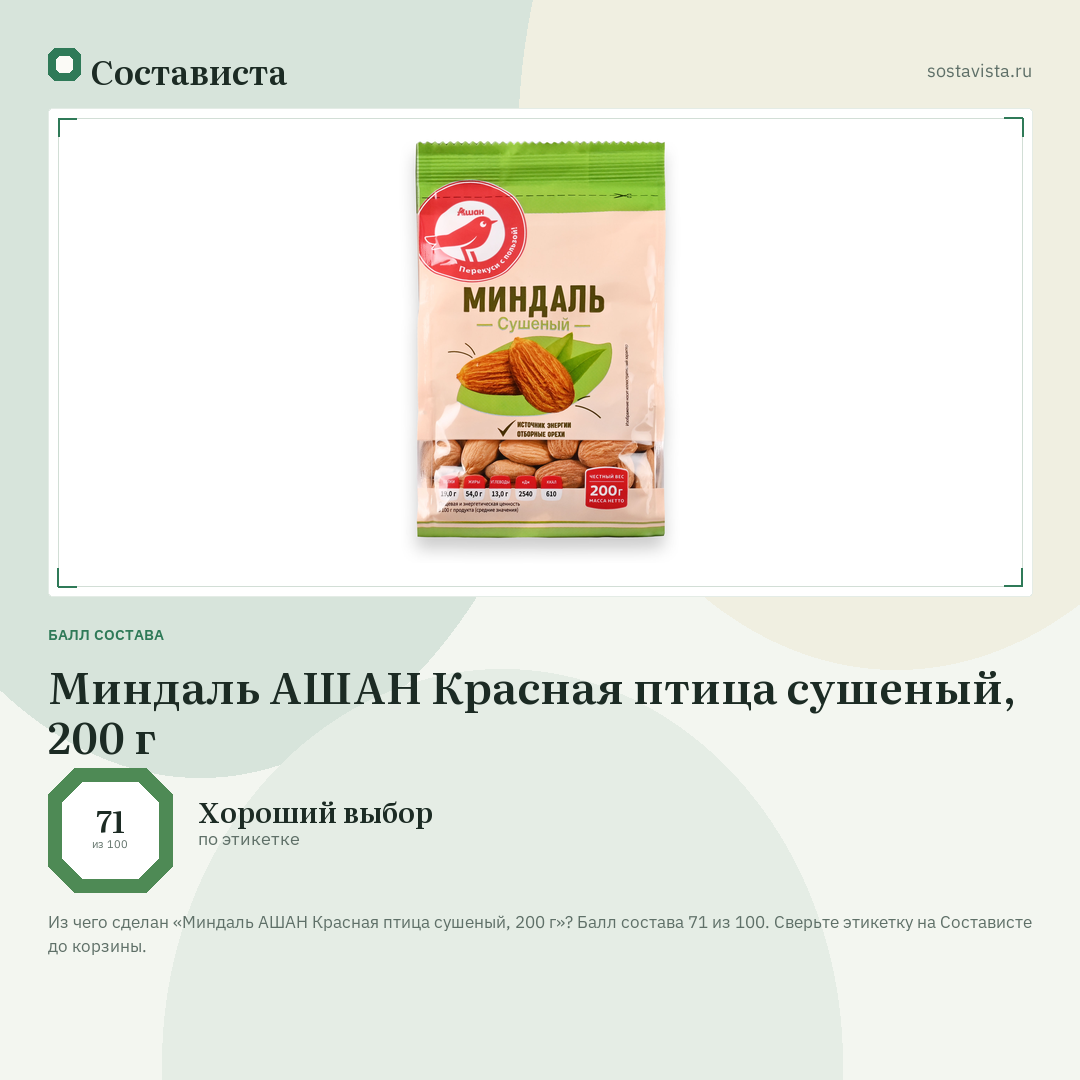 Миндаль АШАН Красная птица сушеный, 200 г: балл состава 71 из 100 — Состависта