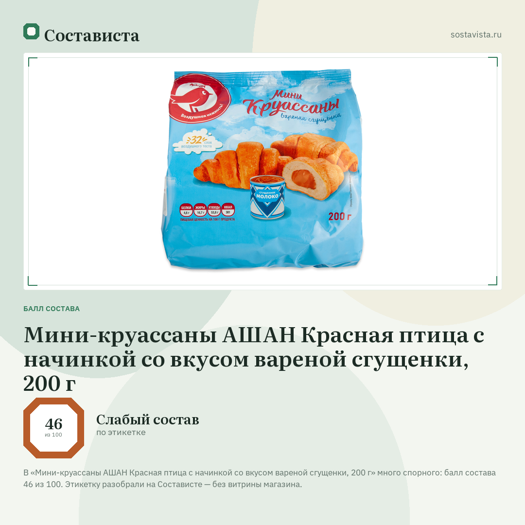 Мини-круассаны АШАН Красная птица с начинкой со вкусом вареной сгущенки, 200 г: балл состава 46 из 100 — Состависта