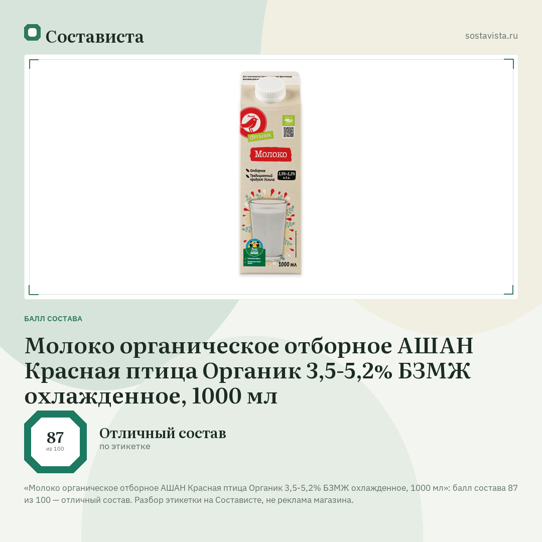 Молоко органическое отборное АШАН Красная птица Органик 3,5-5,2% БЗМЖ охлажденное, 1000 мл: балл состава 87 из 100 — Состависта