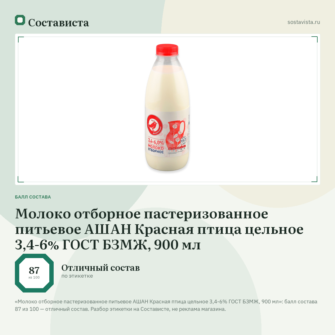 Молоко отборное пастеризованное питьевое АШАН Красная птица цельное 3,4-6% ГОСТ БЗМЖ, 900 мл: балл состава 87 из 100 — Состависта