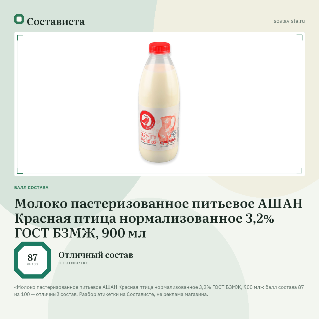 Молоко пастеризованное питьевое АШАН Красная птица нормализованное 3,2% ГОСТ БЗМЖ, 900 мл: балл состава 87 из 100 — Состависта