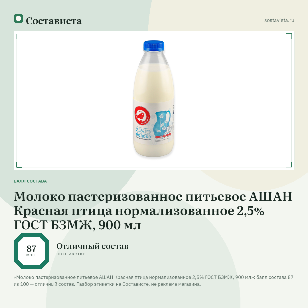 Молоко пастеризованное питьевое АШАН Красная птица нормализованное 2,5% ГОСТ БЗМЖ, 900 мл: балл состава 87 из 100 — Состависта