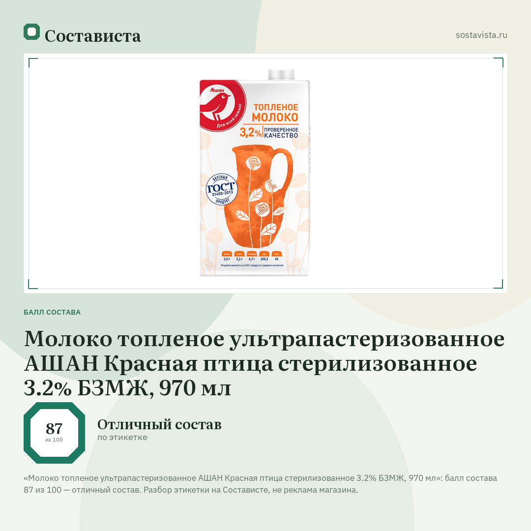 Молоко топленое ультрапастеризованное АШАН Красная птица стерилизованное 3.2% БЗМЖ, 970 мл: балл состава 87 из 100 — Состависта