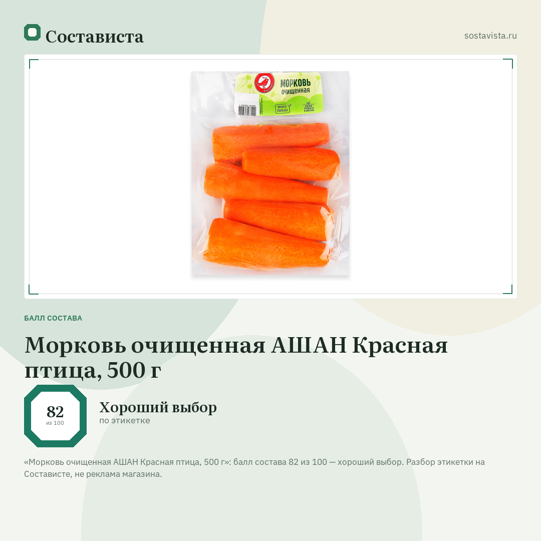 Морковь очищенная АШАН Красная птица, 500 г: балл состава 82 из 100 — Состависта