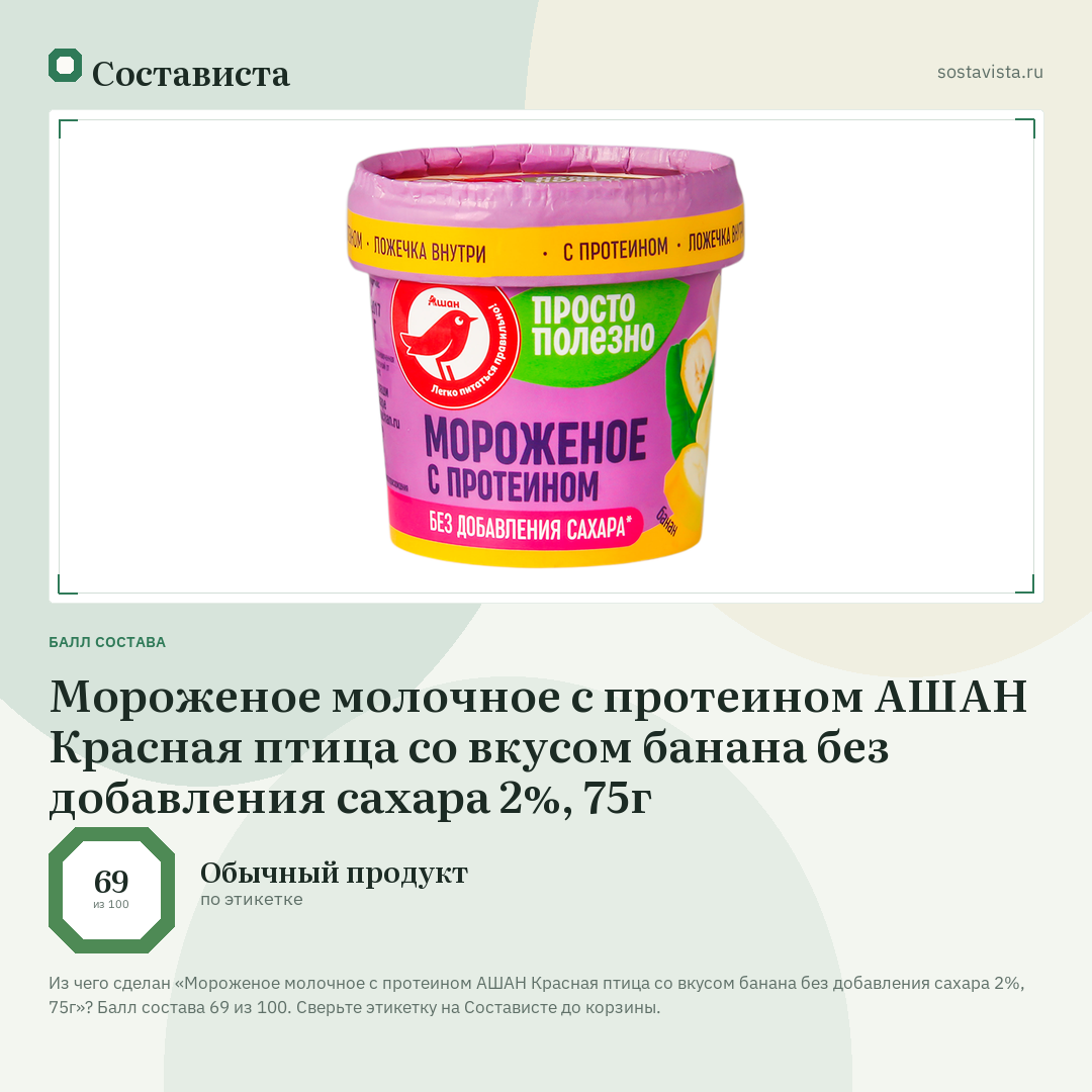 Мороженое молочное с протеином АШАН Красная птица со вкусом банана без добавления сахара 2%, 75г: балл состава 69 из 100 — Состависта