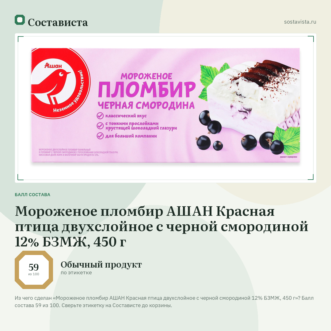 Мороженое пломбир АШАН Красная птица двухслойное с черной смородиной 12% БЗМЖ, 450 г: балл состава 59 из 100 — Состависта