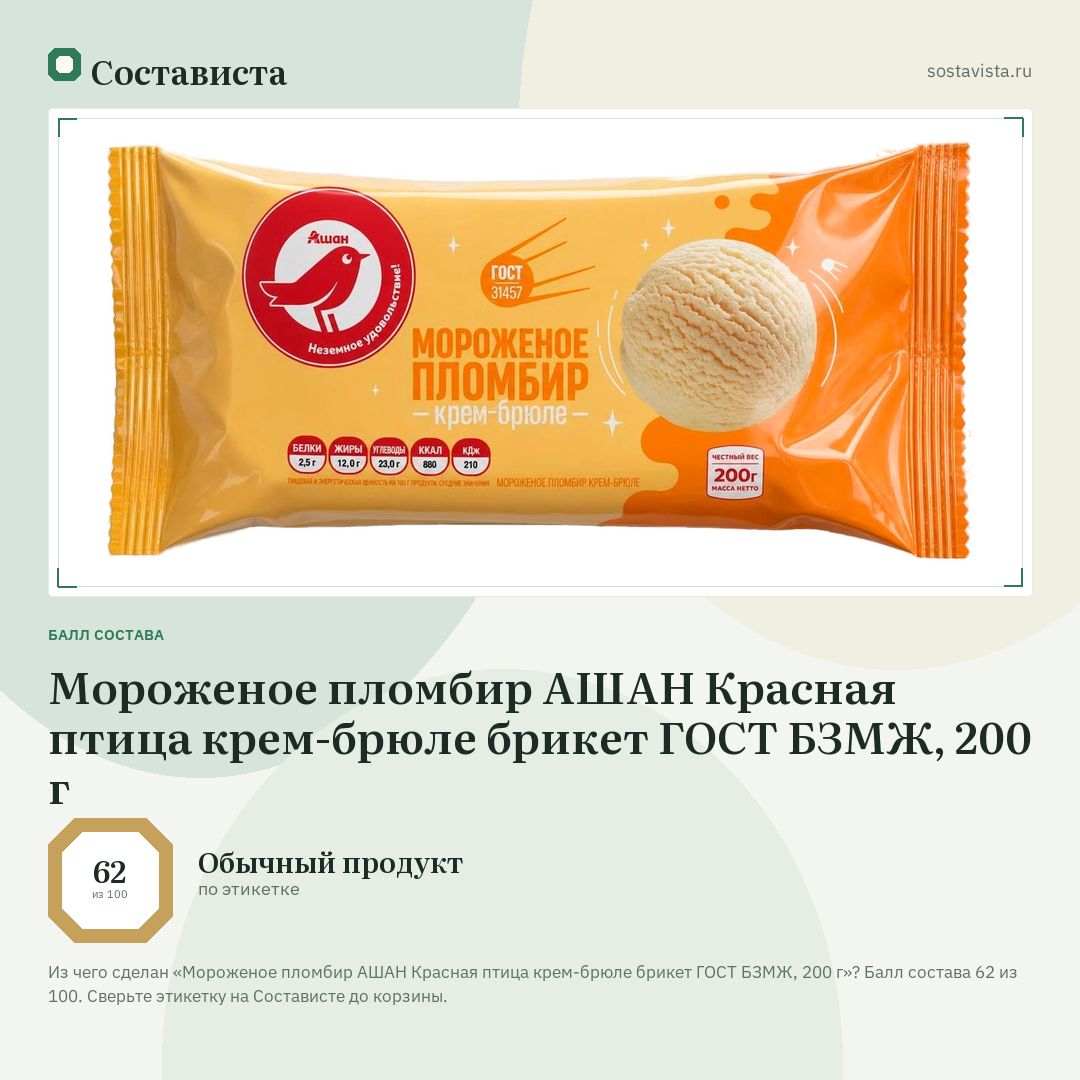 Мороженое пломбир АШАН Красная птица крем-брюле брикет ГОСТ БЗМЖ, 200 г: балл состава 62 из 100 — Состависта