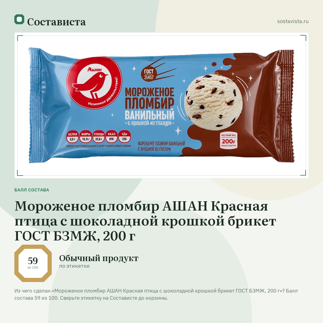 Мороженое пломбир АШАН Красная птица с шоколадной крошкой брикет ГОСТ БЗМЖ, 200 г: балл состава 59 из 100 — Состависта