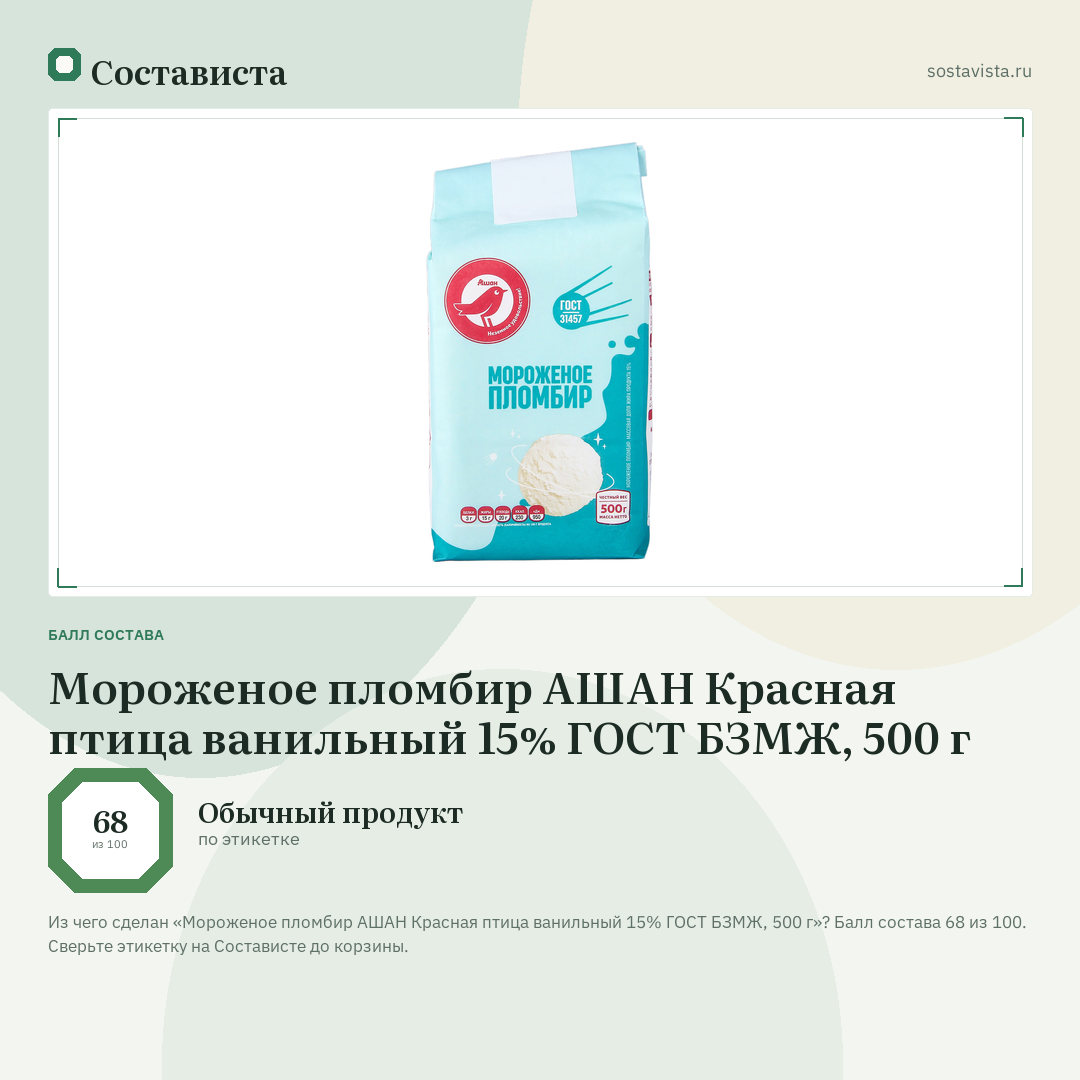 Мороженое пломбир АШАН Красная птица ванильный 15% ГОСТ БЗМЖ, 500 г: балл состава 68 из 100 — Состависта