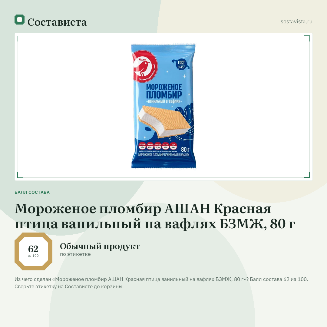 Мороженое пломбир АШАН Красная птица ванильный на вафлях БЗМЖ, 80 г: балл состава 62 из 100 — Состависта