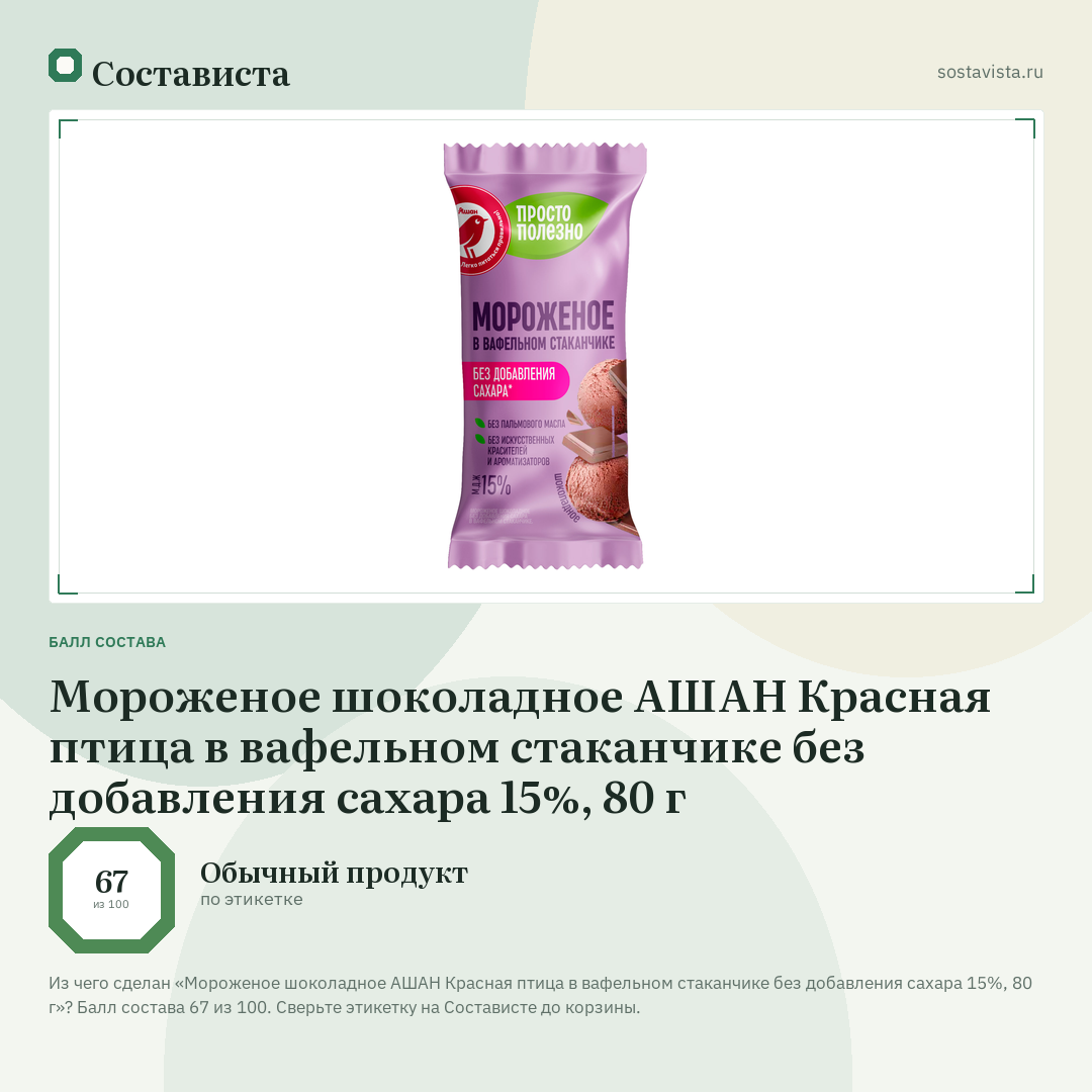 Мороженое шоколадное АШАН Красная птица в вафельном стаканчике без добавления сахара 15%, 80 г: балл состава 67 из 100 — Состависта