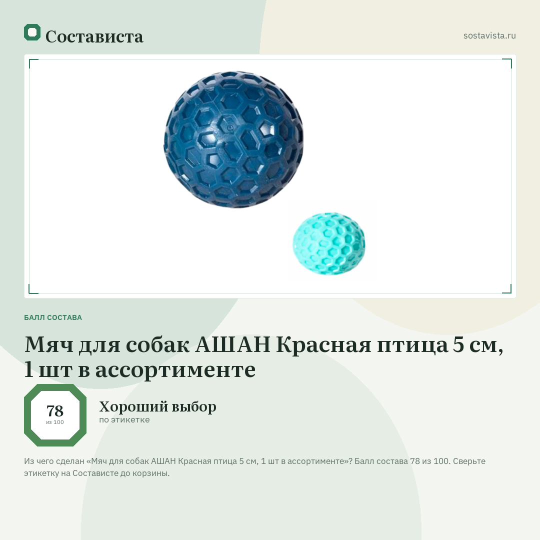 Мяч для собак АШАН Красная птица 5 см, 1 шт в ассортименте: балл состава 78 из 100 — Состависта